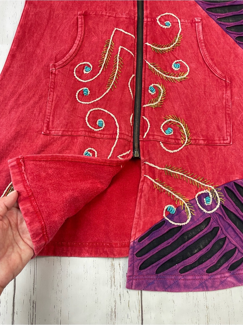 Rising International Patchwork Embroidered Long Zip Up Hoodie *Made in Nepal - Picture 6 of 16